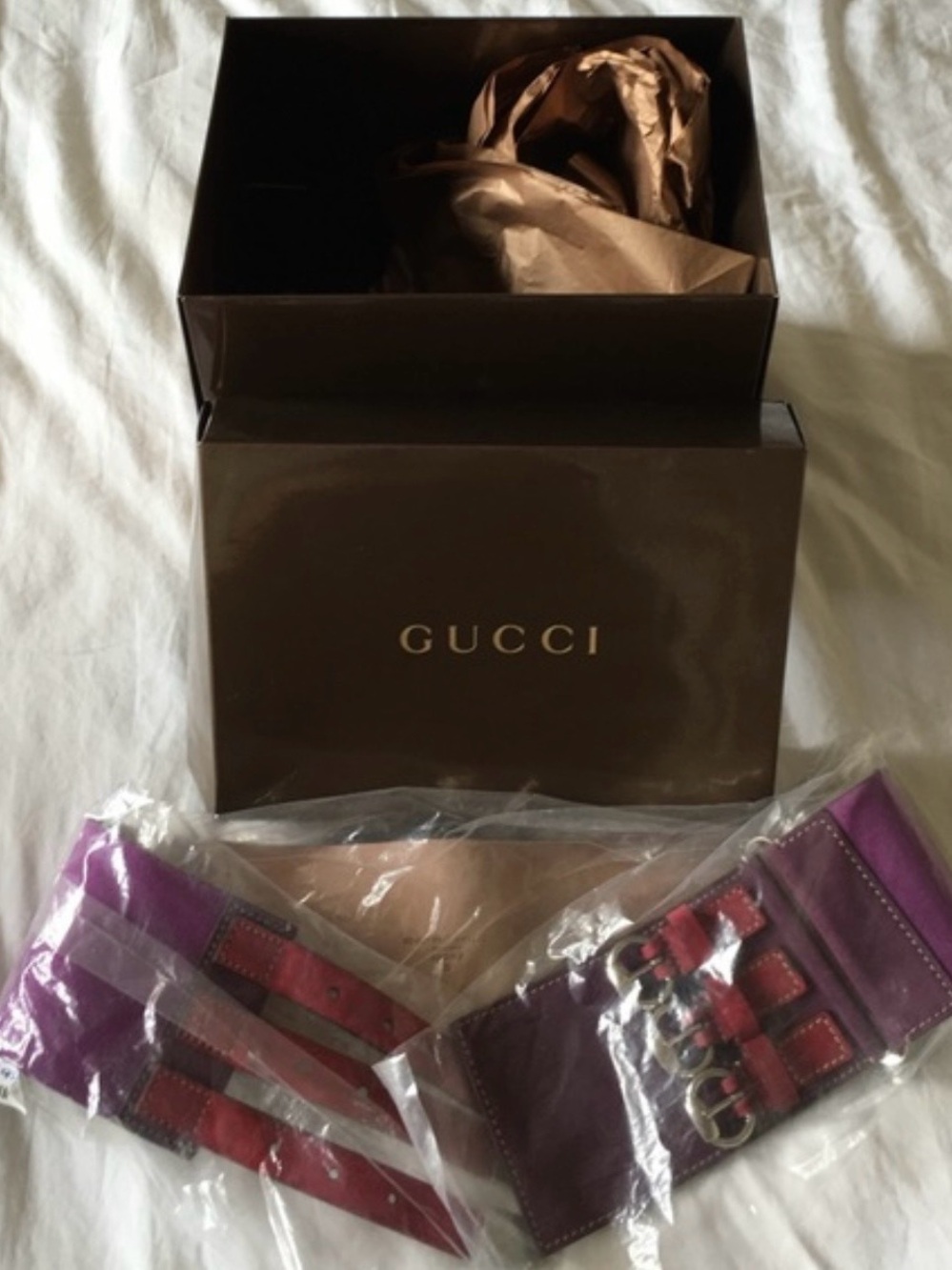 Gucci Purple Leather Waist Belt with Red Strap Accents and Gold Buckle